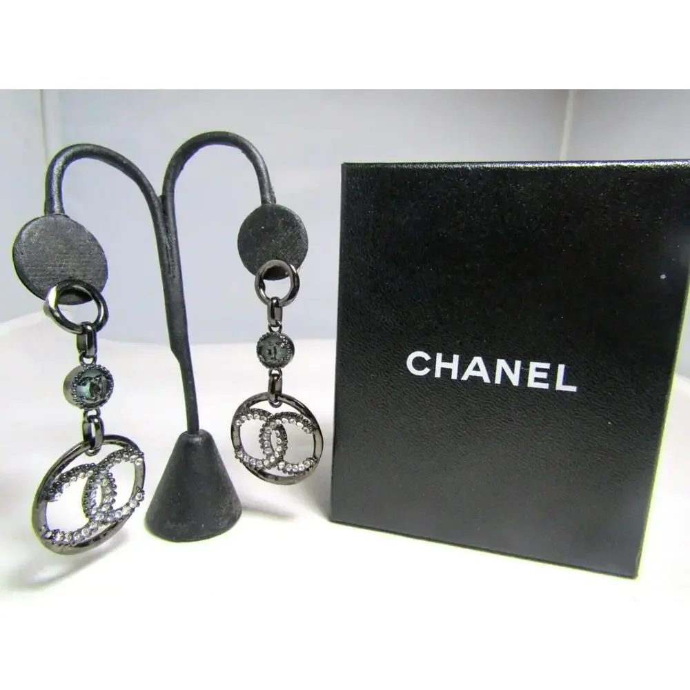 Chanel C19 Crystal CC Logo Black Metal Dangle Drop Earrings